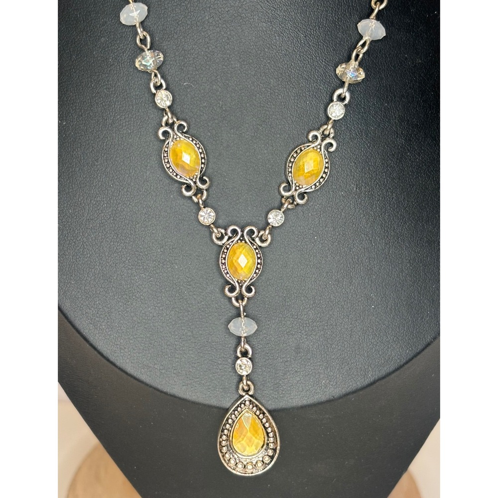 Avon Vintage Silver Tone Yellow Faux Citrine Rhinestone Y-Drop Necklace 19"